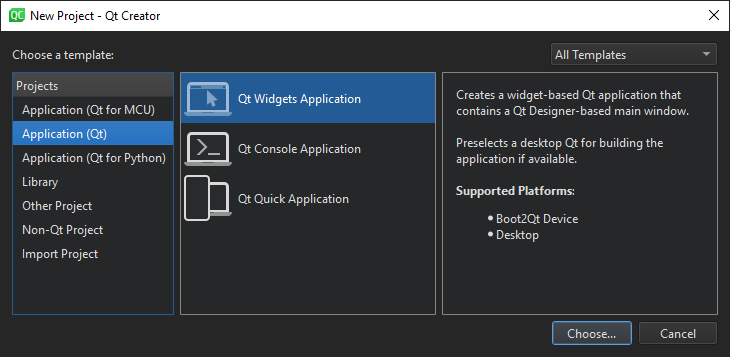 "Qt Creator New Project dialog"